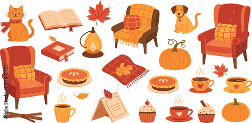 Cozy Autumn Elements Vector Set with Fall Leaves Pumpkin Pie Armchair Coffee Cup Pets and Seasonal Decor Illustrations for Thanksgiving and Hygge Lifestyle Designs