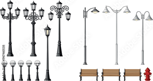 Collection of Street Lamps, Benches, and Fire Hydrants with Various Designs for Urban, Park, and Public Space Environments