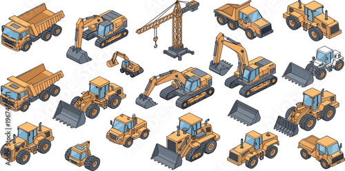 Construction Machinery Vector Set with Excavators Dump Trucks Bulldozers Cranes and Heavy Equipment Vehicles for Industrial Engineering and Building Site Illustration