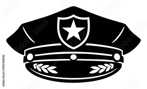 Police officer cap with a prominent shield and star emblem, symbolizing law enforcement, protection, and authority