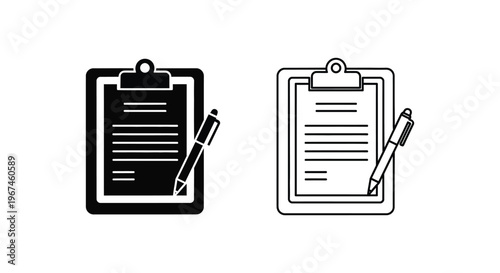 Clipboard icons, checklist symbols, document clipboards, line art