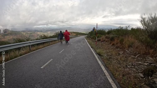 Montes de Leon - pilgrims walking the LE-142 mountain road between Manjarin and El Acebo, municipality of Molinaseca, El Bierzo, province of Leon, Spain