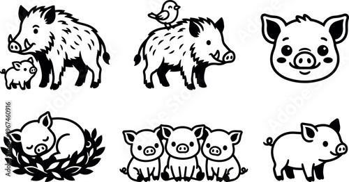 Black and white boar with piglets and bird line art vector set