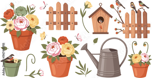 Garden Decoration Vector Set with Flower Pots, Wooden Fence, Birdhouse, Watering Can, Butterflies, and Birds in Spring Theme