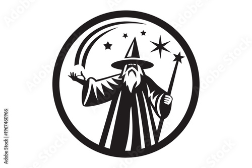 Fantasy Wizard Character Casting a Powerful Magic Spell with Glowing Mystical Energy - Detailed Vector Illustration