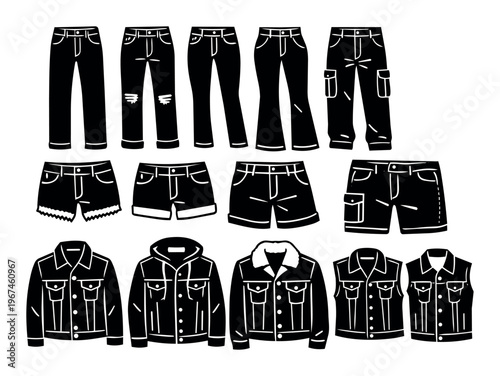 Clothing icon set displaying everyday denim wear and fashion items for both men and women including various pants, shorts and outerwear