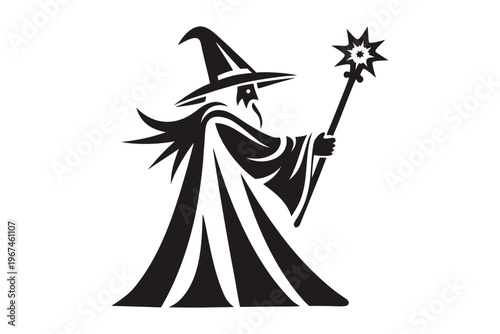 Mystical Sorcerer Unleashing a Potent Spell with Bright Luminous Effects - Whimsical Fantasy Vector Artwork