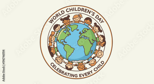 World Children's Day celebration logo with globe and diverse children.