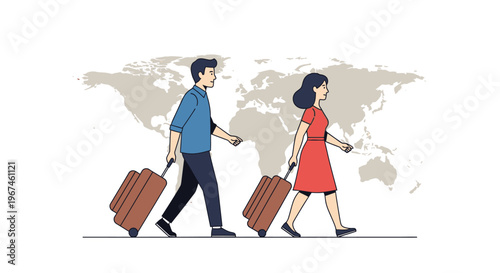 Couple traveling with luggage worldwide.