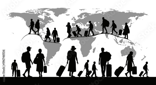 Silhouettes of travelers on world map.