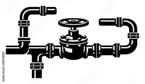 Black and white illustration depicting an industrial or home plumbing system with connected pipes, flanges, and a central shut-off valve