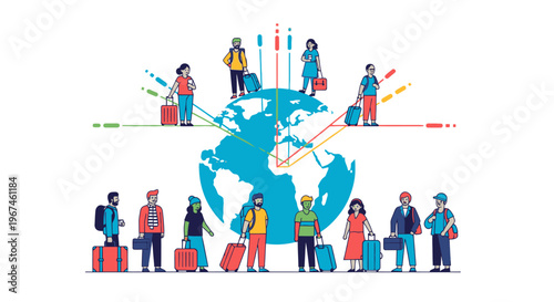 Global travelers with luggage standing around world map.
