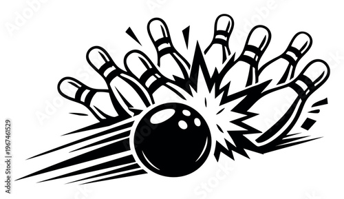 Bowling ball speeding towards pins, causing a powerful explosion of impact. Action illustration for sport, recreation, and competition