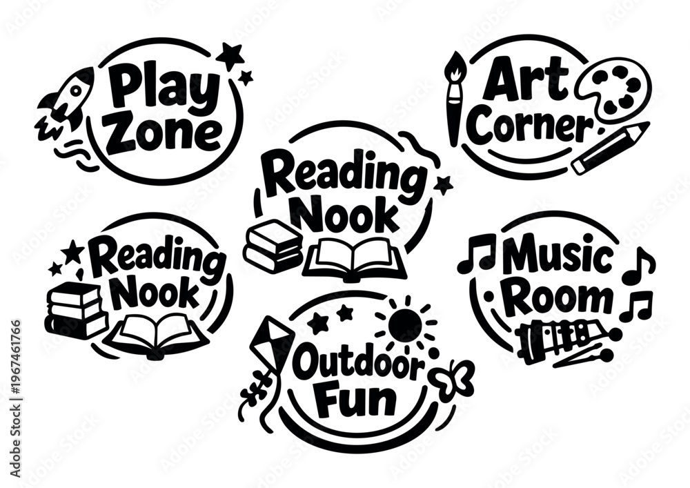 Fototapeta premium Set of vector labels for child care areas featuring play zone, reading nook, art corner, music room, and outdoor fun themes
