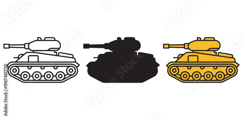 A colorful illustration of three tanks in different styles on a white background silhouette