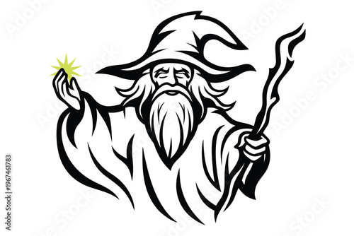 Dynamic Sorcerer Summoning a Spirit with Ethereal Manifestation and Blue Glow - Mythical Vector Graphic