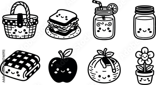 Kawaii picnic items with smiling faces in black and white vector line art