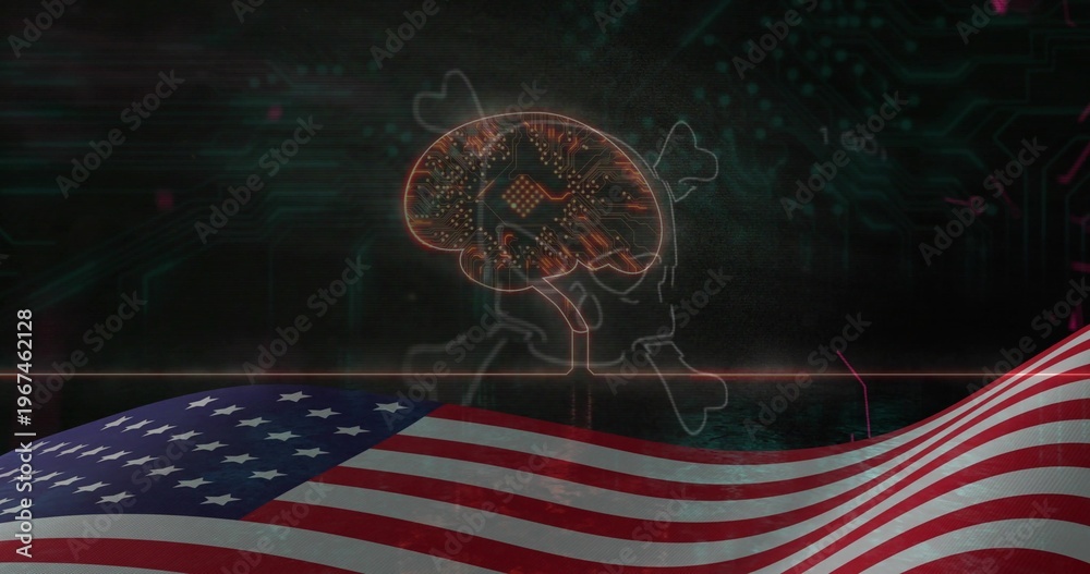 Fototapeta premium Glowing brain pulsing with microchip on dark motherboard, showing waving American flag and skull