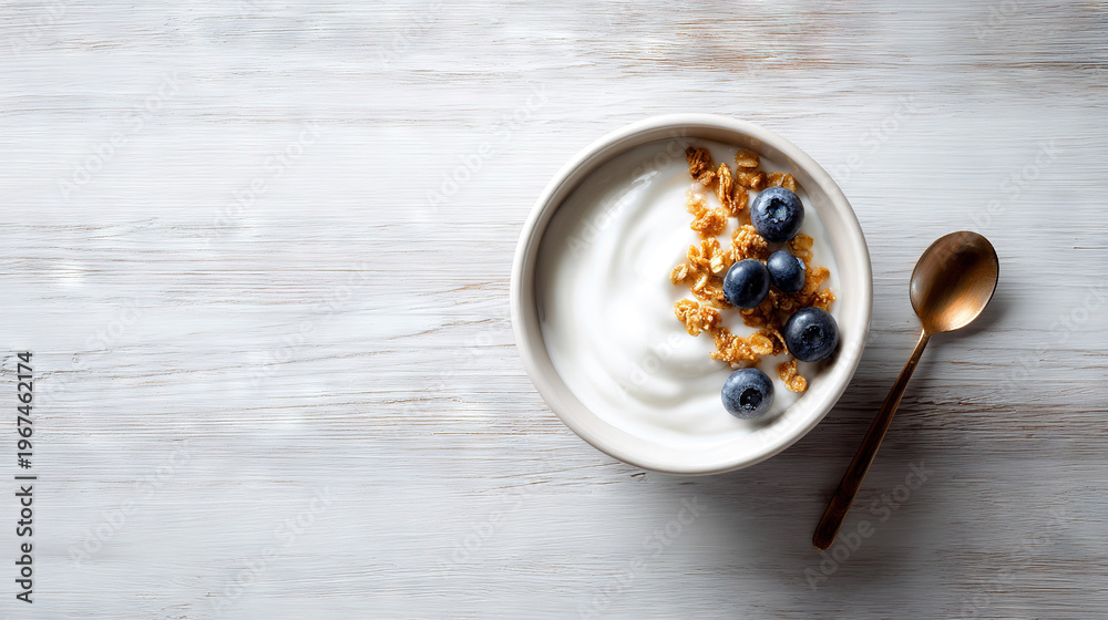 Fototapeta premium Fresh Yogurt Bowl with Granola and Blueberries on Wooden Surface