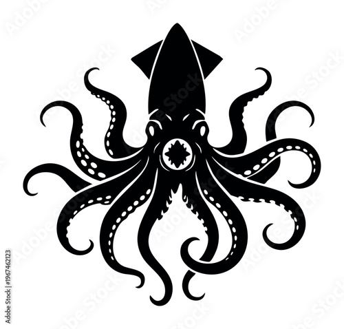 Black giant squid or kraken monster, a mythological marine creature with powerful tentacles, isolated on white background