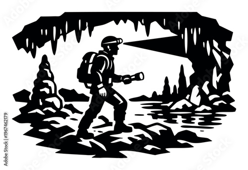 Caver exploring a dark underground cave, discovering hidden formations and water with a headlamp and flashlight
