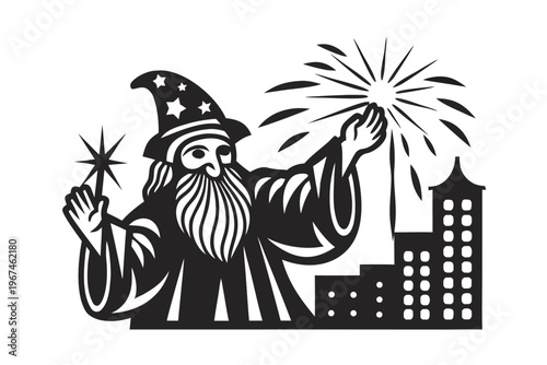 Serious Spellcaster Focusing on a Precise Enchantment with Concentrated Energy - Detailed Vector Artwork