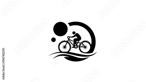 Silhouetted cyclist riding a mountain bike, with stylized circular elements, against a white background