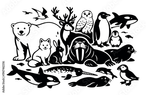 Celebrating polar region diversity with a collection of arctic and antarctic animal icons, symbolizing wildlife and biodiversity