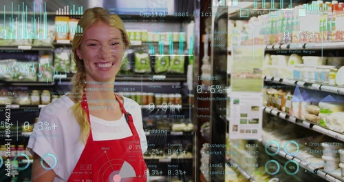 Smiling grocery employee wearing red apron, white shirt standing in grocery aisle with AR overlays