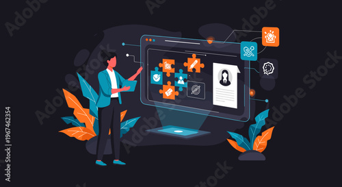 A dark background with colorful abstract shapes, evoking a sense of modernity and creativity.