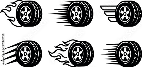 Black and white fast racing wheels with flames wings and motion lines vector art