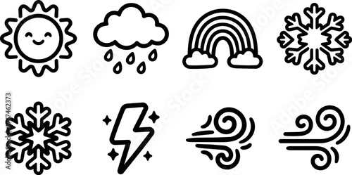 Cute weather icons sun rain rainbow snowflake lightning and wind vector art