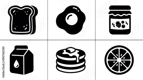 Black and white icon set of breakfast foods including bread egg jam milk pancakes orange slice