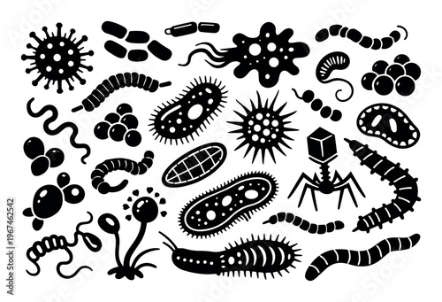 Diverse collection of microbes, bacteria, viruses, and fungi creating a biology, science, or health concept