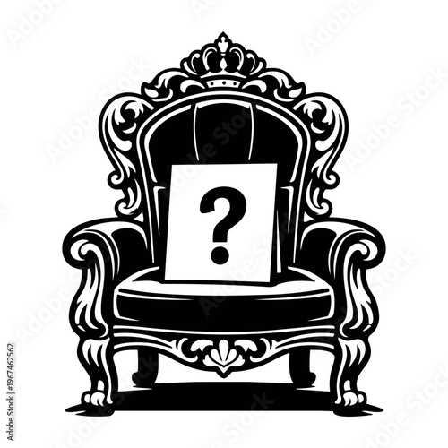 Ornate royal throne with a question mark, representing unknown leader, mystery, vacant seat, or leadership uncertainty