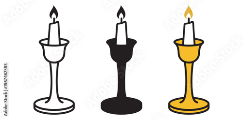 Three candlesticks with lit candles in different colors on a white background silhouette