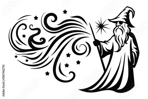 Elder Wizard Wielding a Glowing Staff and Projecting Vibrant Magic - Classic Fantasy Book Illustration