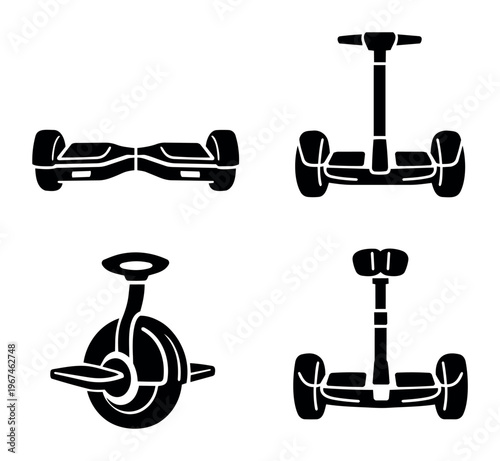 Collection of modern electric personal transportation devices icons offering urban mobility and innovative travel solutions