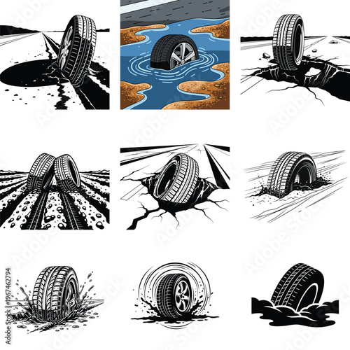 Creative depictions of tires in various dramatic and whimsical scenarios