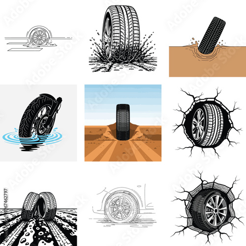 Illustrations of various tire and wheel damage scenarios and conditions