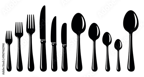 Cutlery set presented as black vector silhouettes, including forks, knives, and spoons, useful for restaurant and food design