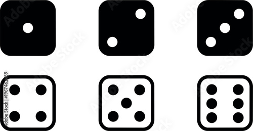 Black and white dice icons set showing one to six pips in flat design