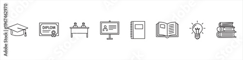 Set of minimalist linear education and learning icons. Vector illustration featuring graduation cap, diploma, students, presentation, books, and lightbulb for academic and school concepts.