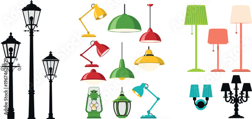Colorful Lamp Collection Featuring Street Lamps, Desk Lamps, Pendant Lights, and Decorative Fixtures for Home and Outdoor Lighting