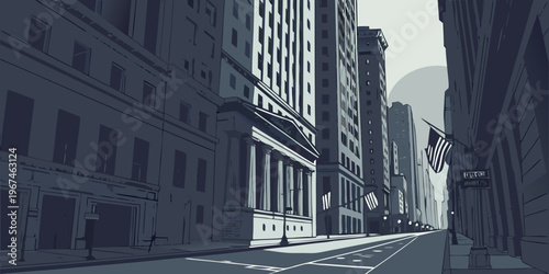 USA, US, U.S, United States - Early morning Wall Street, empty streets, moody cinematic style