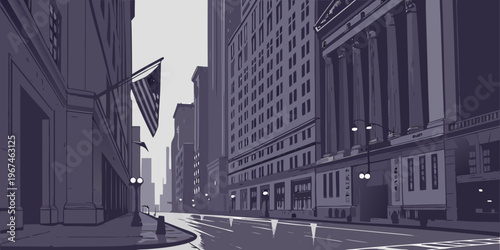 USA, US, U.S, United States - Early morning Wall Street, empty streets, moody cinematic style