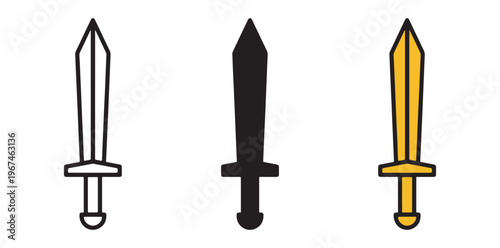 A set of three colorful swords in different styles and colors on a white background silhouette