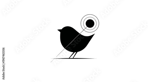 A stylized black bird silhouette with radiating circles, lines, and a solid black dot