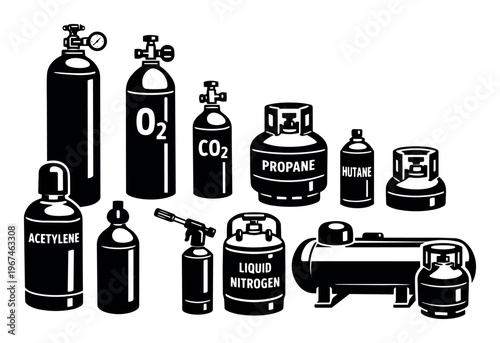 Various types of gas cylinders and liquid tanks, including propane, oxygen, nitrogen, CO2, acetylene, and butane