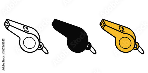 A set of three whistles in different colors on a plain background silhouette